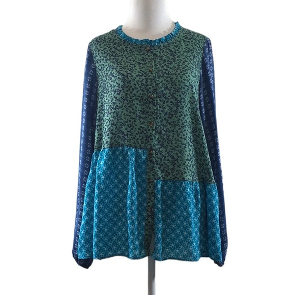 LOGO by Lori Goldstein Tops - Logo‎ Lori Goldstein Blue Floral Patchwork Grechen Tunic Shirt Womens XS Blouse